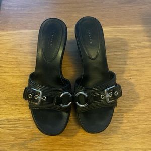 Coach wedged sandals, black with a silver buckle 😊